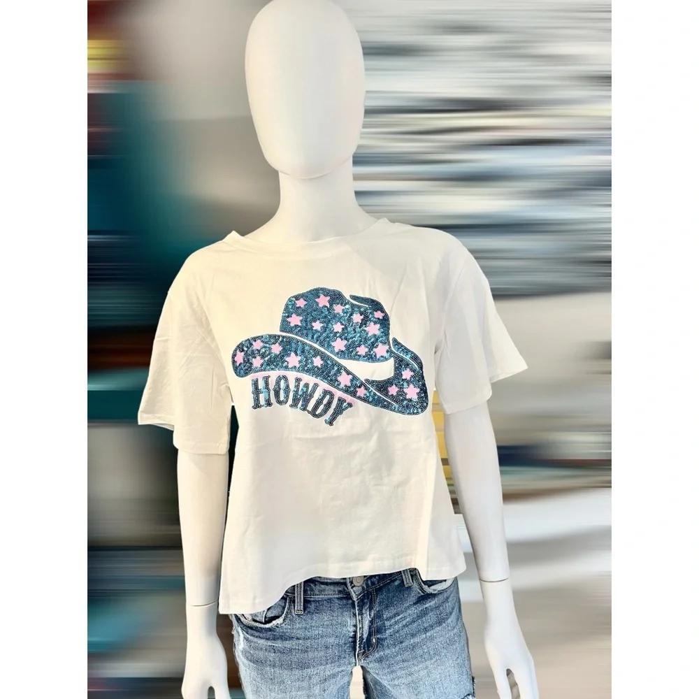 PEACH LOVE CALIFORNIA Howdy sequin graphic tee S M L - Picture 3 of 7